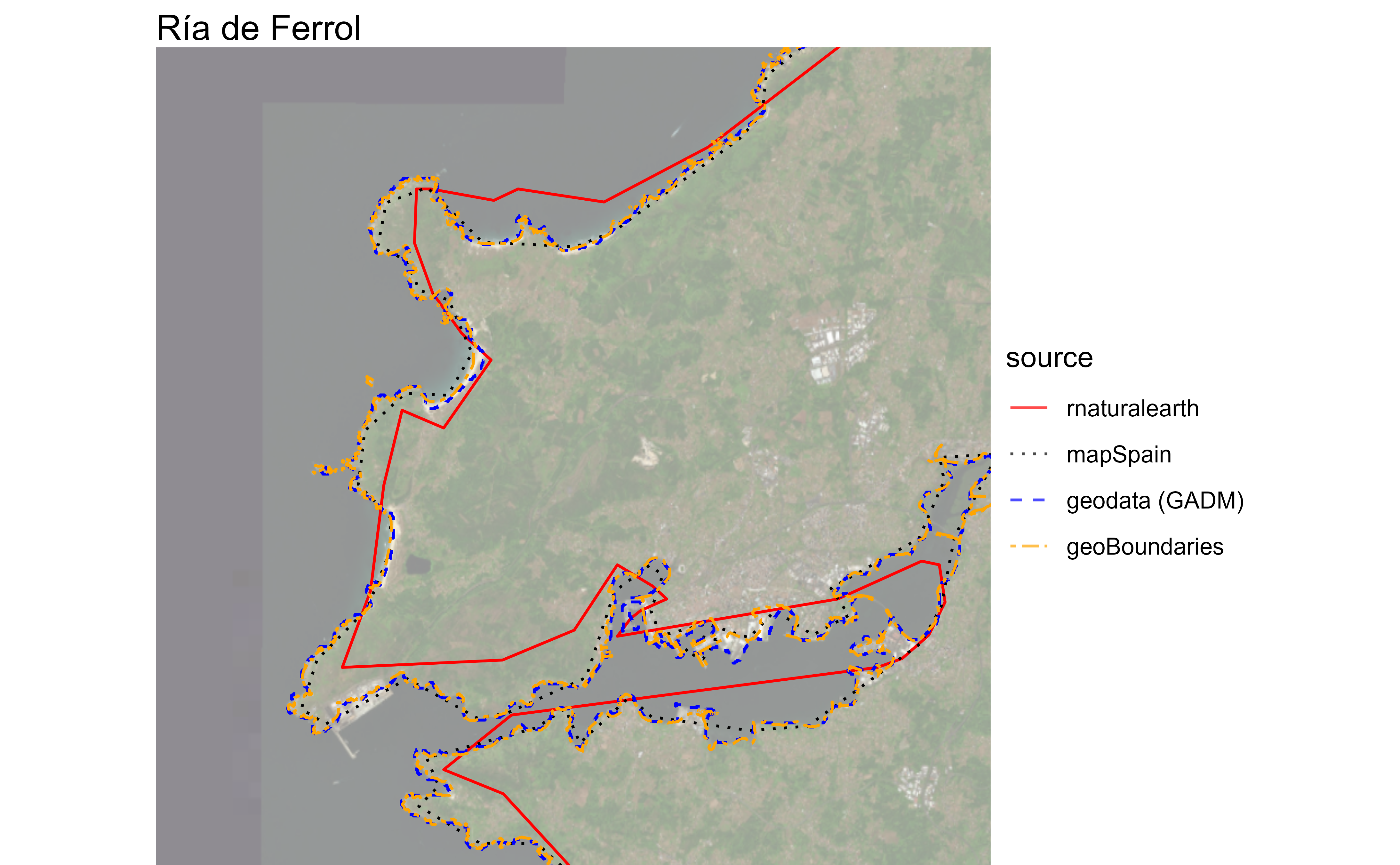 Comparación de la resolución de diferentes fuentes de mapas; se muestran bordes de los datos comparados con ortofoto de la Ria de Ferrol