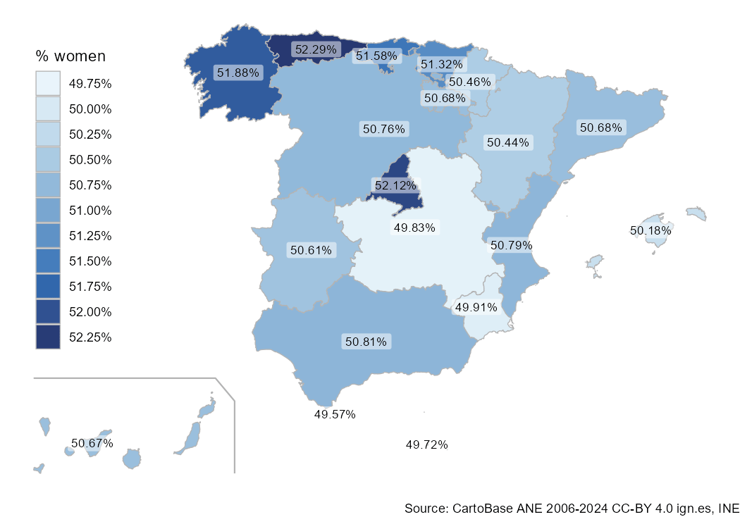 Percentage of women by Autonomous Community (2025)